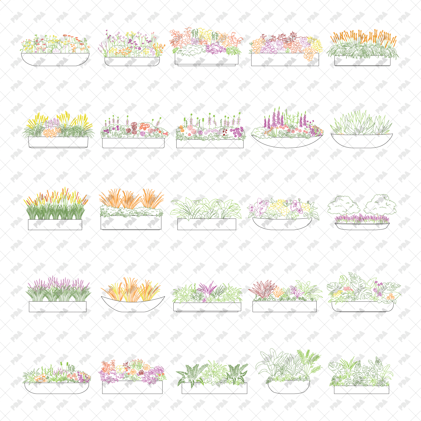 indoor plants dwg CAD, Vector, PNG Street Plants in Planters in Color and B/W Commercial License