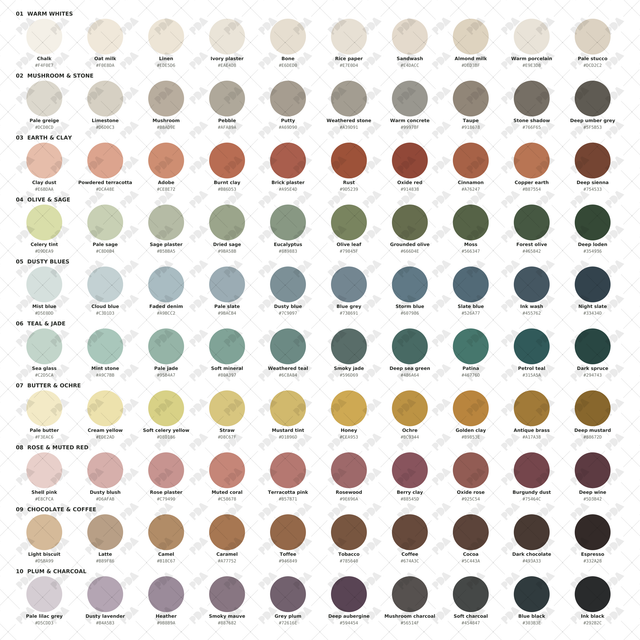 Ten rows of ten contemporary interior colour swatches, from warm white and stone to olive, dusty blue, clay and charcoal, with the PDA watermark.