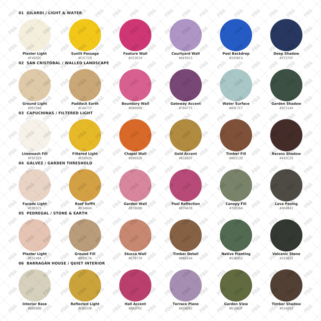 36 Luis Barragán inspired architectural colors in six named studies, with HEX codes and the PDA watermark.