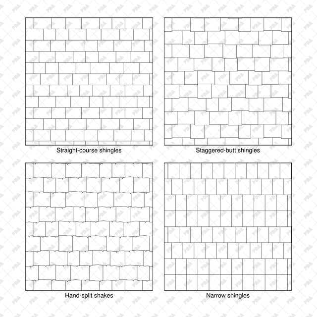 Black-and-white shingle patterns: Straight-course shingles, Staggered-butt shingles, Hand-split shakes, Narrow shingles