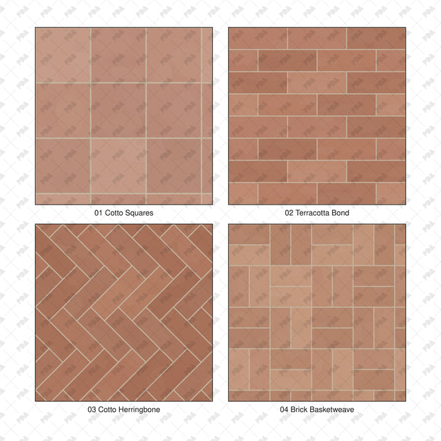 Cotto Squares, Terracotta Bond, Cotto Herringbone, Brick Basketweave Mediterranean floor pattern details.