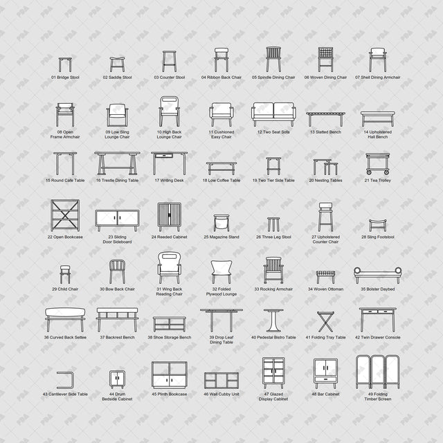 Complete catalogue of 49 Nordic bentwood furniture front elevations on light gray
