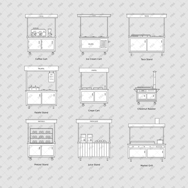 CAD, Vector, PNG Street Food Stalls in Front View - Post Digital Architecture — Free and Affordable Resources for Architects