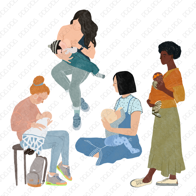 Hand Drawn Moms Breastfeeding in Public (Front view)