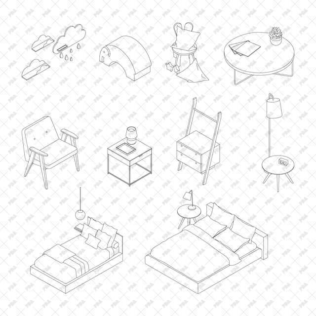 CAD, Vector Isometric Bedroom Furniture - Post Digital Architecture — Free and Affordable Resources for Architects