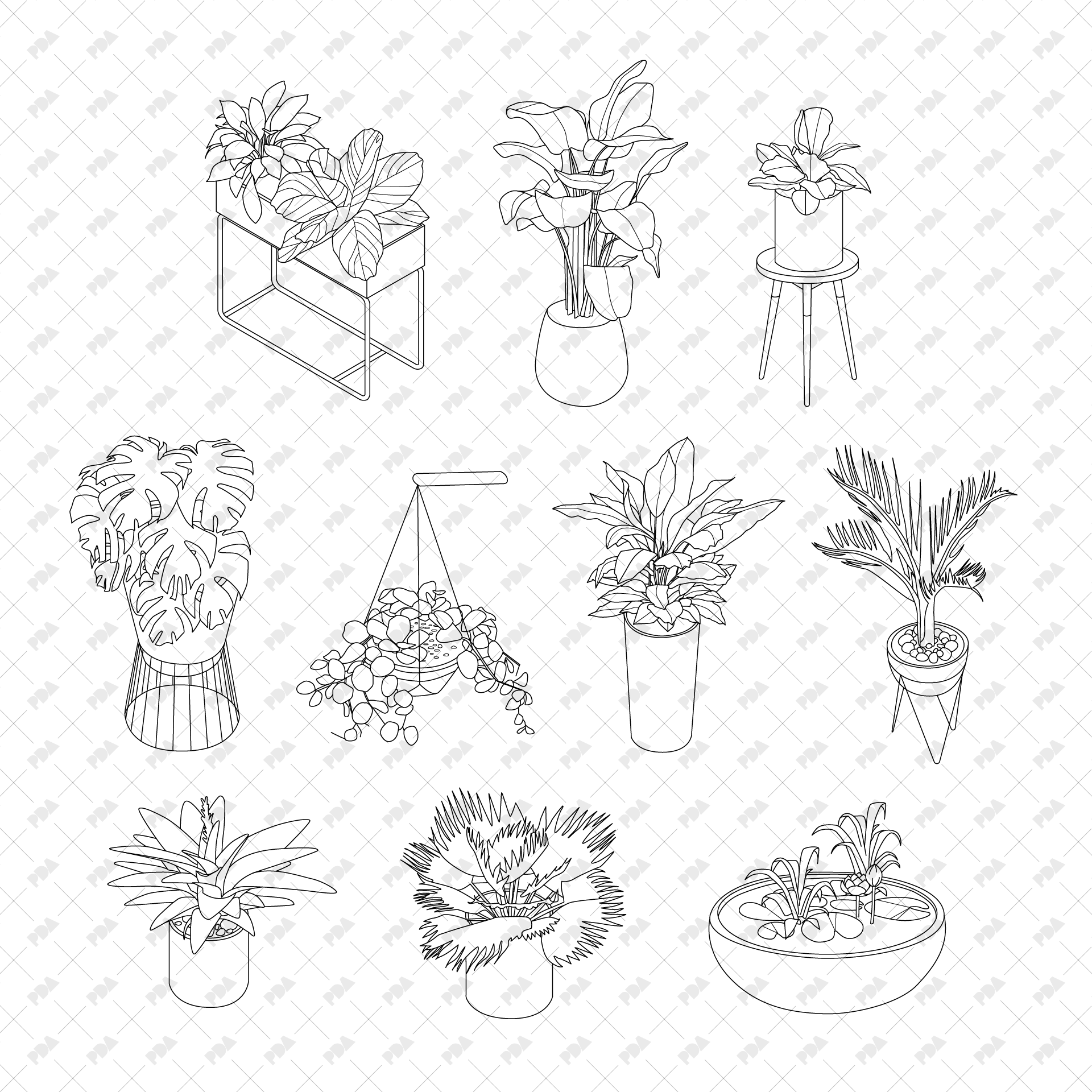 pot of plants drawing CAD Isometric Plants in Planters Set