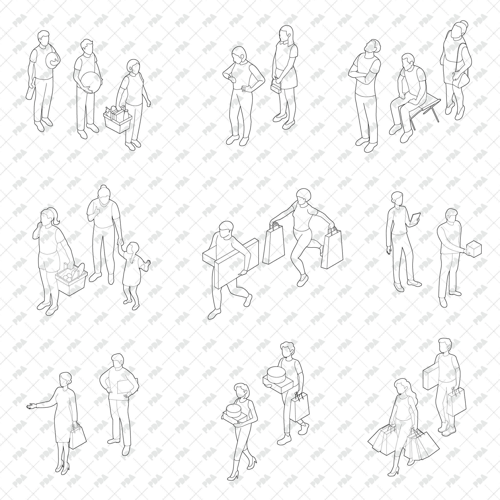 CAD, Vector, PNG Waiting in Line and Queue Scenes in Axonometric View