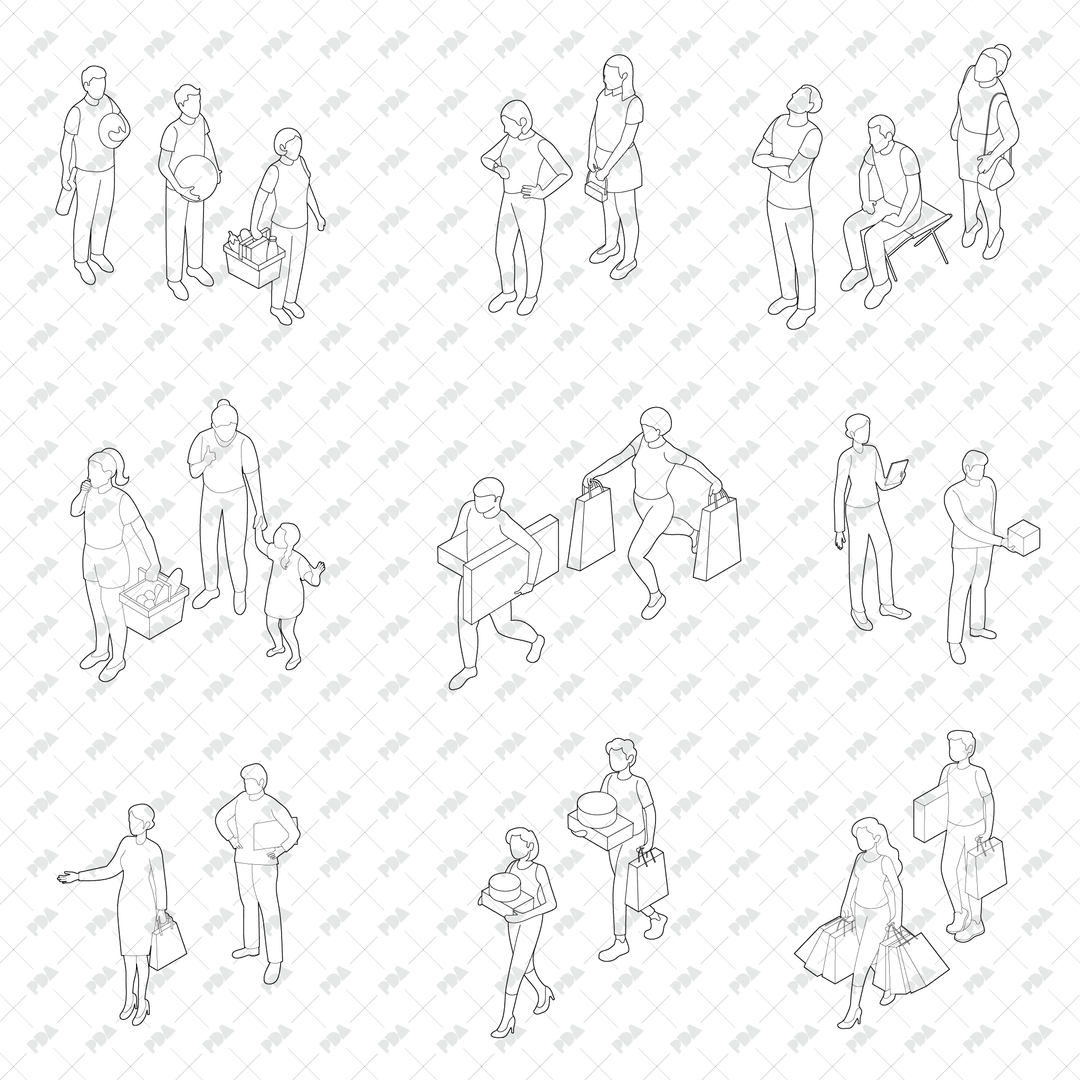 CAD, Vector, PNG Waiting in Line and Queue Scenes in Axonometric View