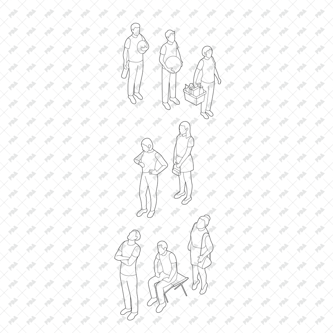 CAD, Vector, PNG Waiting in Line and Queue Scenes in Axonometric View