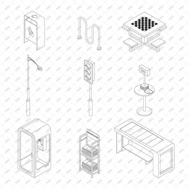CAD, Vector Isometric Urban Furniture Set