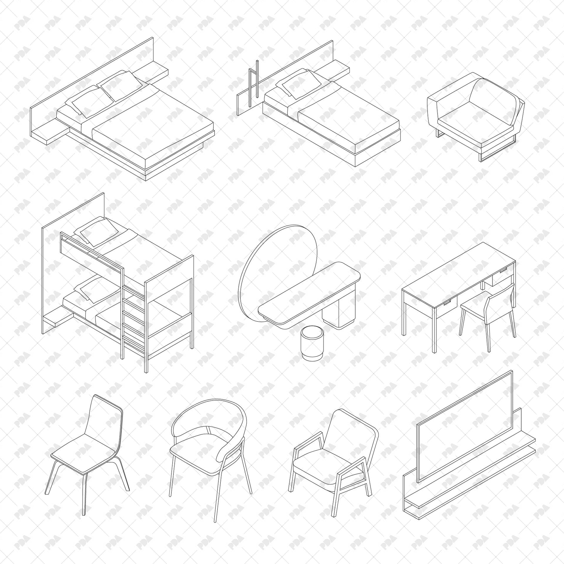 CAD, Vector Isometric Hotel Room Furniture Post Digital Architecture