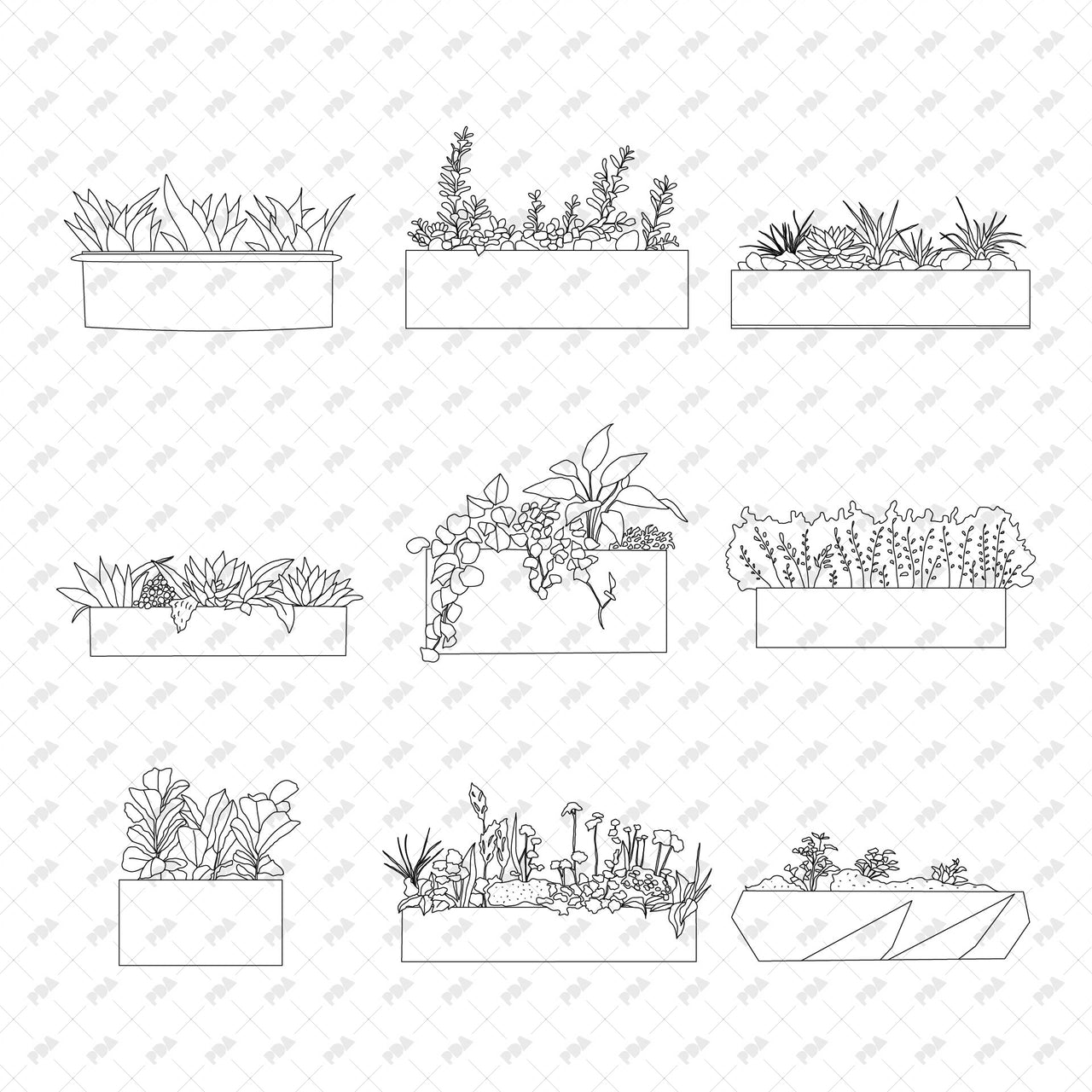 Rectangular Pot Drawing CAD, Vector Street Urban Plants in Planters