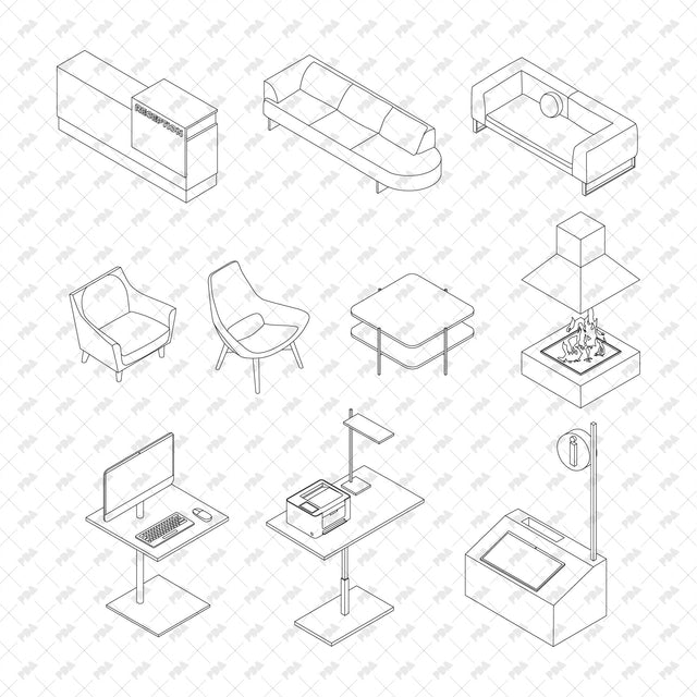 CAD, Vector Isometric Lobby Furniture Set