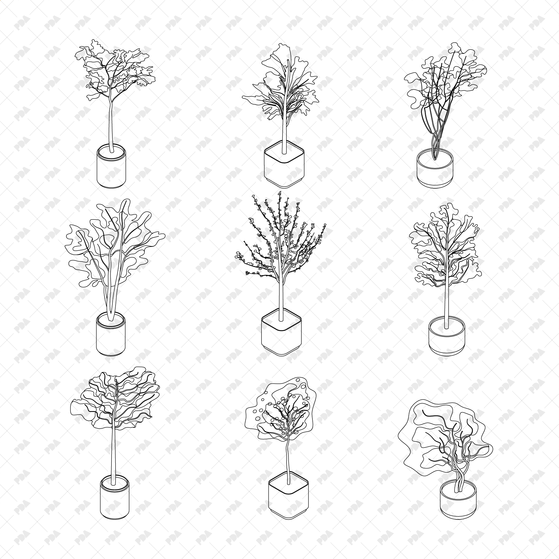 CAD, Vector, PNG Isometric Plants and Trees in Planters