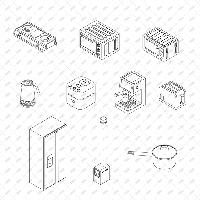 CAD, Vector Isometric Kitchen Appliances Set