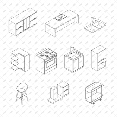 CAD, Vector Isometric Kitchen Furniture Set