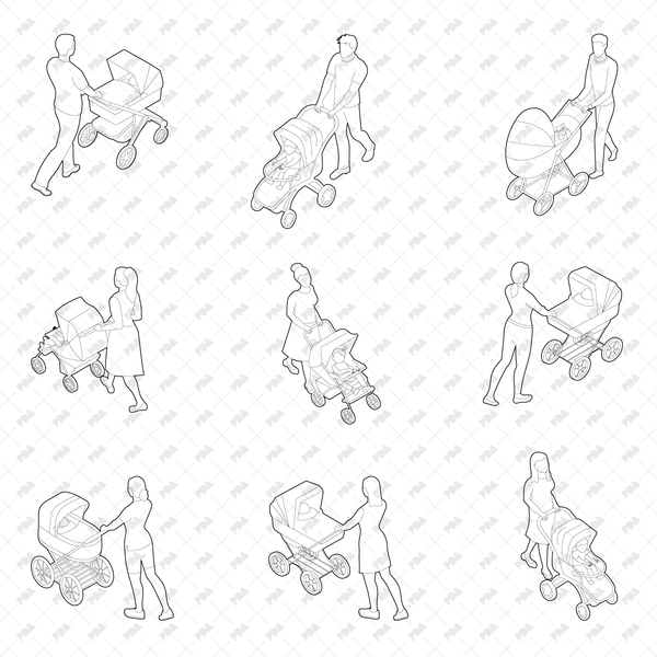 CAD, Vector, PNG Isometric Characters with Baby Strollers