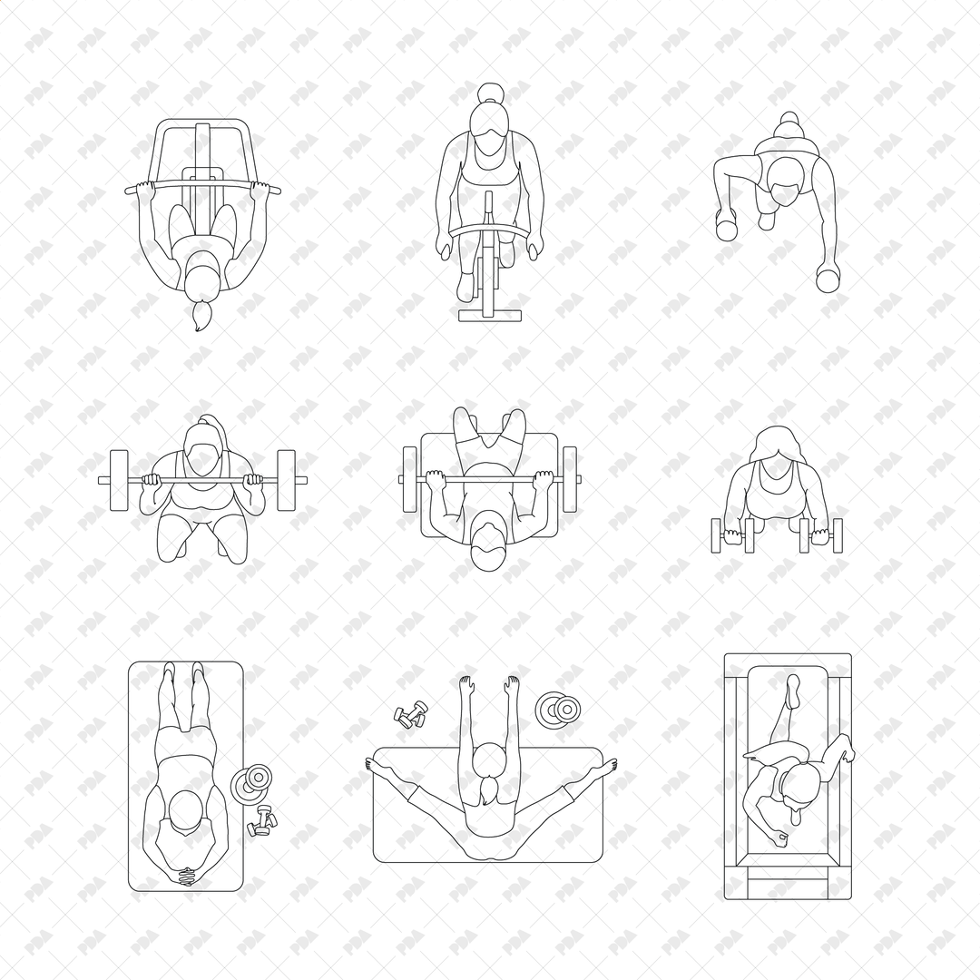 CAD, Vector, PNG Gym Workout Characters in Top View
