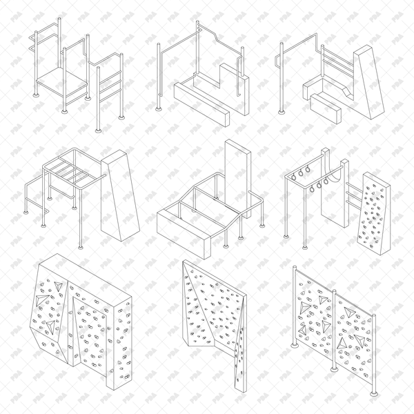 CAD, Vector Isometric Parkour and Climbing Equipment Set