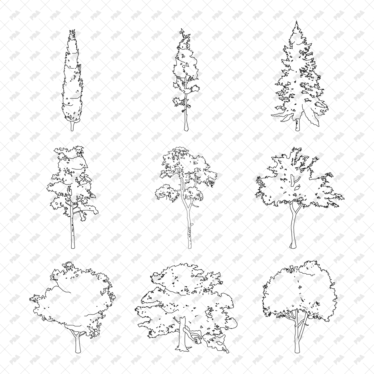 Tree Pattern Cad CAD, Vector Isometric European Trees