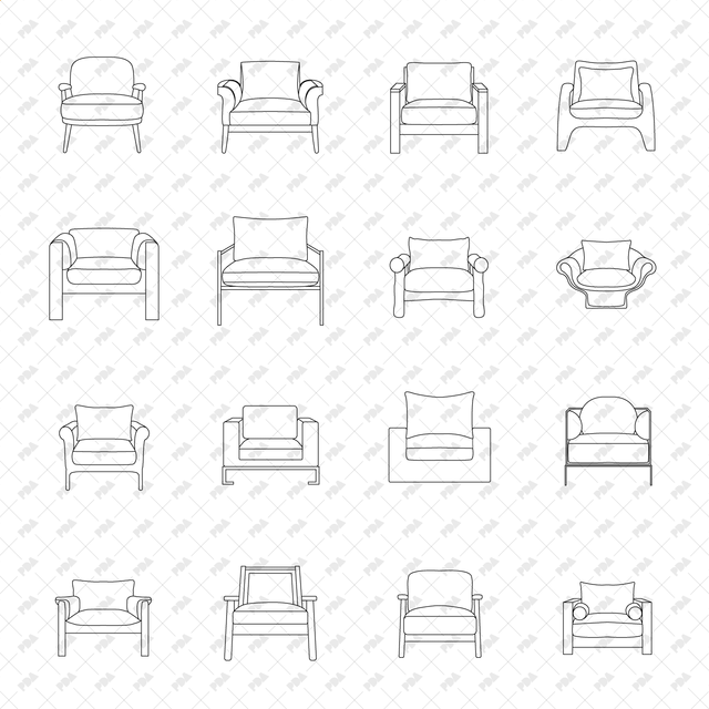 CAD, Vector, PNG Armchairs in Color and B/W (Front view) - Post Digital Architecture — Free and Affordable Resources for Architects