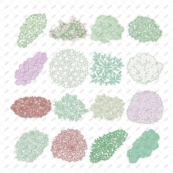 CAD, Vector, PNG Shrubs and Bushes in Color and B/W (Top View)