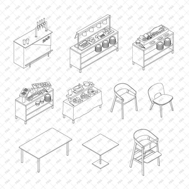 CAD, Vector Isometric Bar and Restaurant Furniture