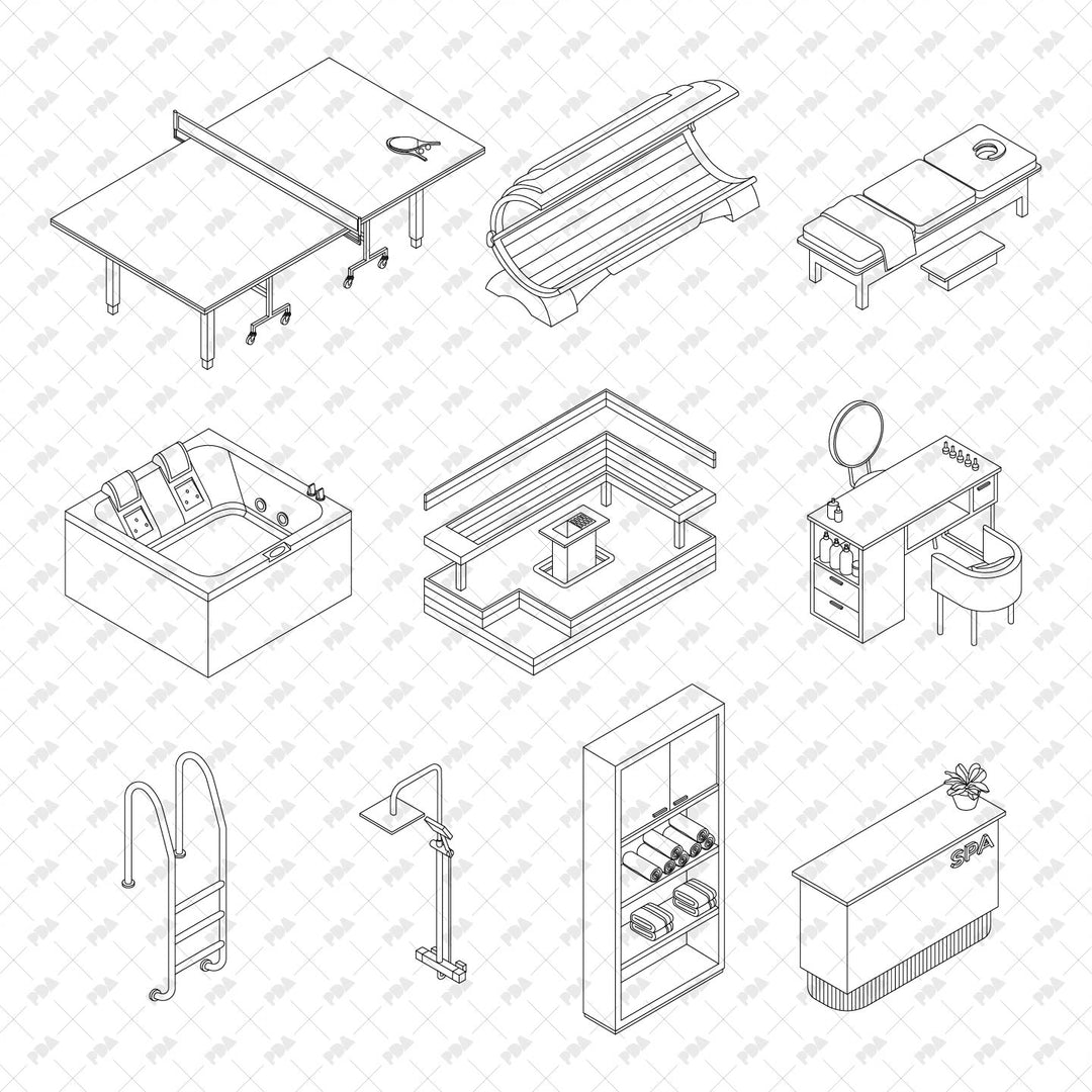 Isometric Pool & Spa Furniture CAD Vector Set