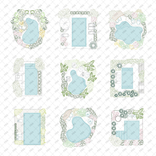 CAD, Vector, PNG Swimming Pools in Top View in Color and B/W