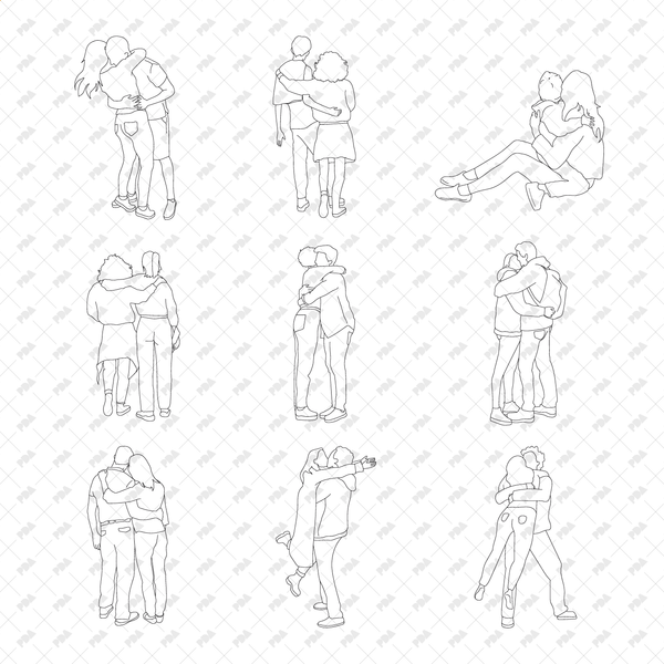 CAD, Vector People Hugging and Kissing in Side and Back Views