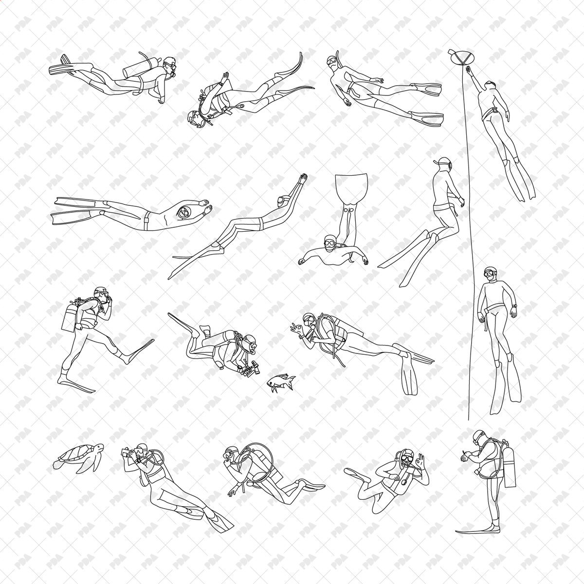 Compact Dive Drawing CAD, Vector Swimmers and Divers in Top, Side, Bottom Views