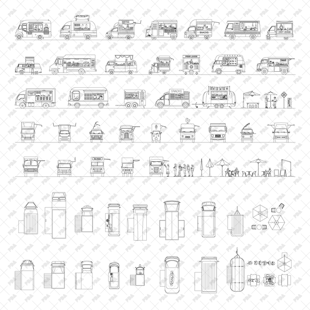 CAD, Vector Food Trucks and Carts in Front, Side, and Top Views - Post Digital Architecture — Free and Affordable Resources for Architects