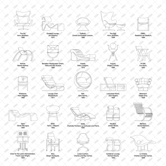 مجموعة كراسي CAD Vector Modernist Mid-Century - الهندسة المعمارية الرقمية بعد العصر الرقمي - موارد مجانية وبأسعار معقولة للمهندسين المعماريين