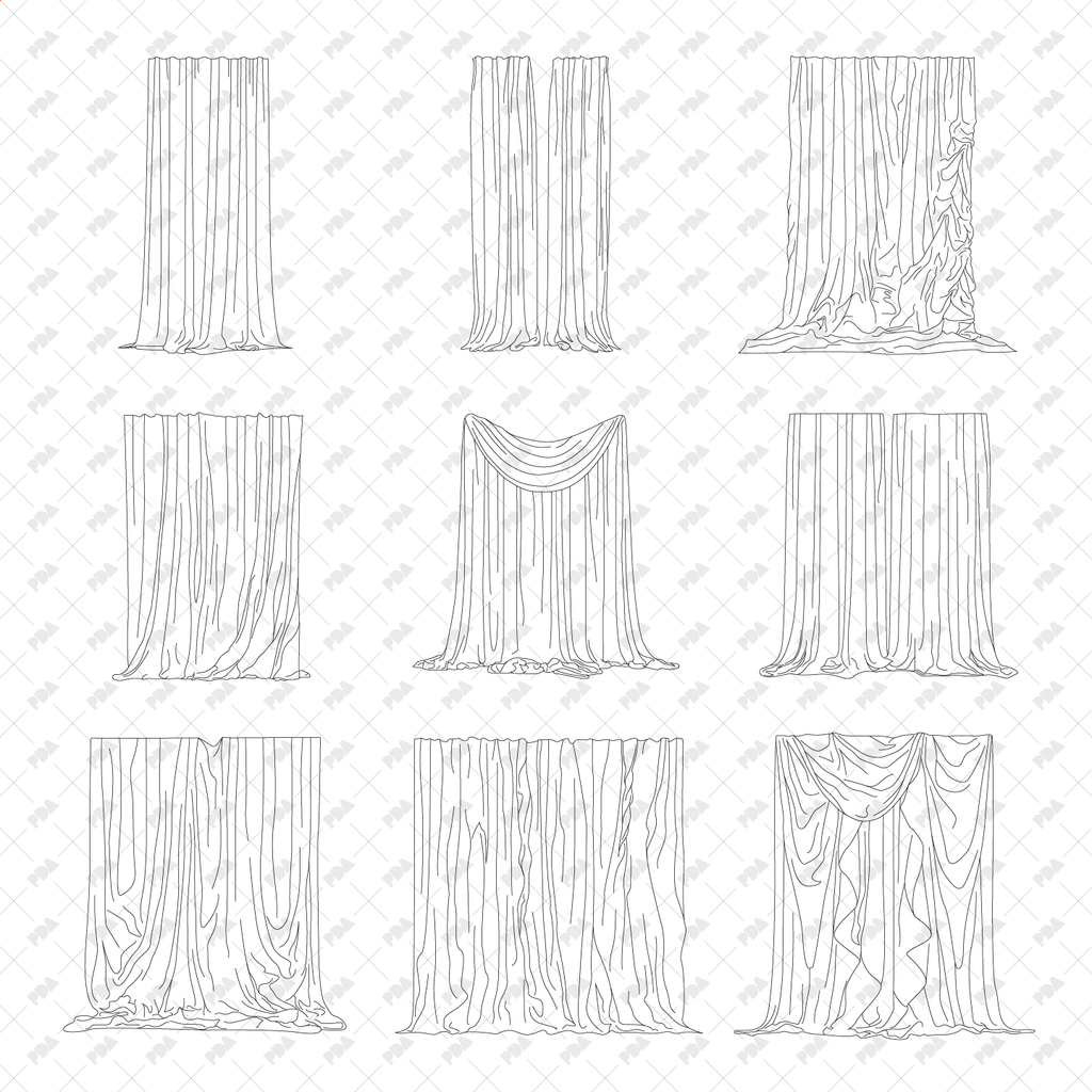 CAD & Vector Curtains: Front-View Line-Art Illustrations