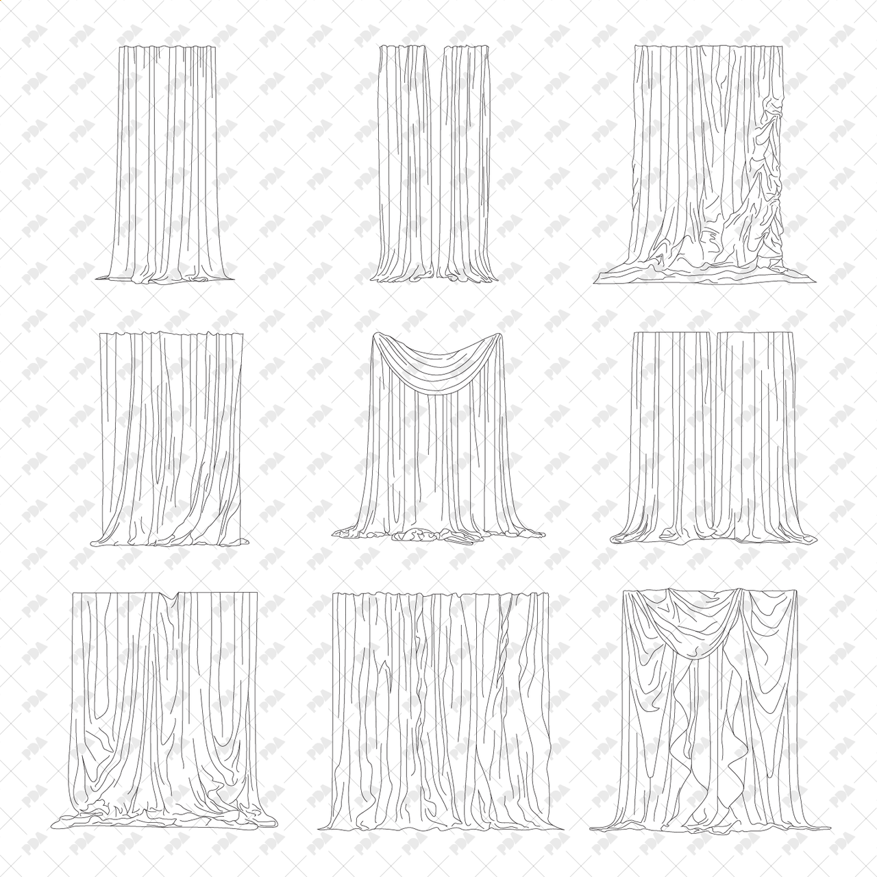 Curtain Vector Drawing CAD & Vector Curtains: Front-View Line-Art Illustrations