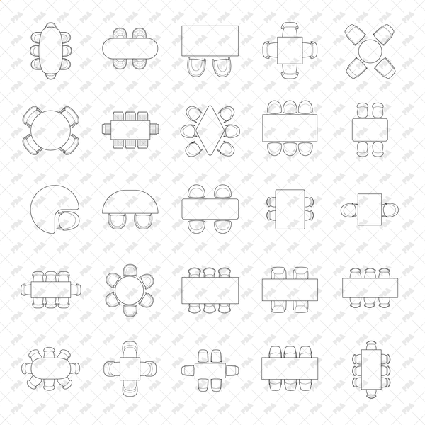 CAD, Vector, PNG Tables, Desks and Chairs in Top View