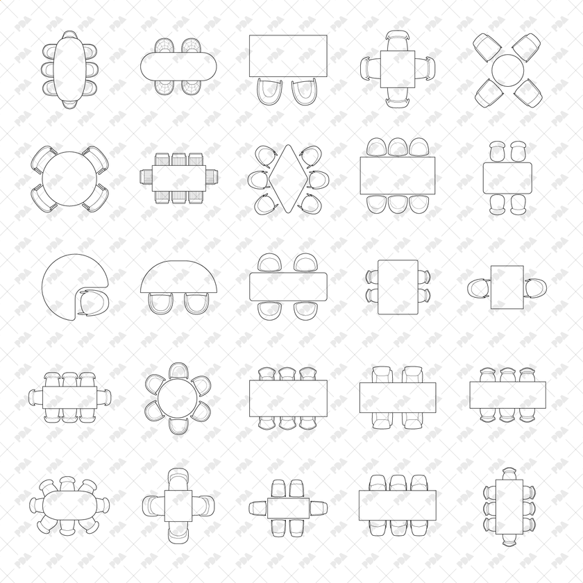 CAD, Vector, PNG Tables, Desks and Chairs in Top View