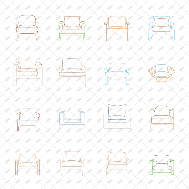 CAD, Vector, PNG Armchairs in Color and B/W (Front view) - Post Digital Architecture — Free and Affordable Resources for Architects