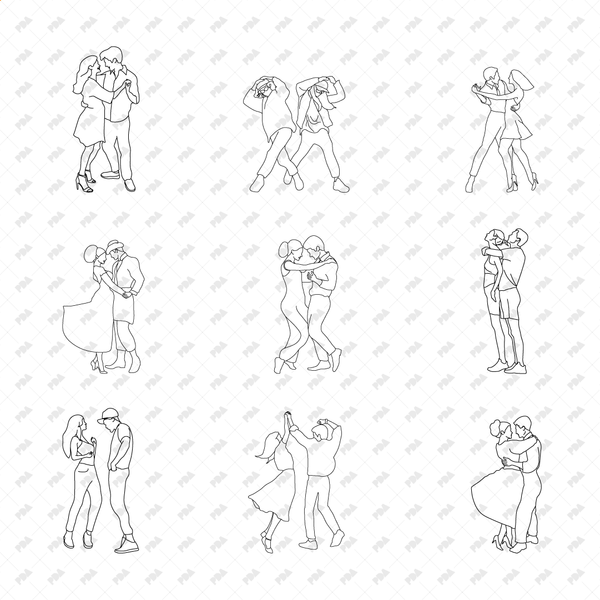 CAD, Vector, PNG Dancing Couples in Front, Side, Back Views (in Color and B/W)