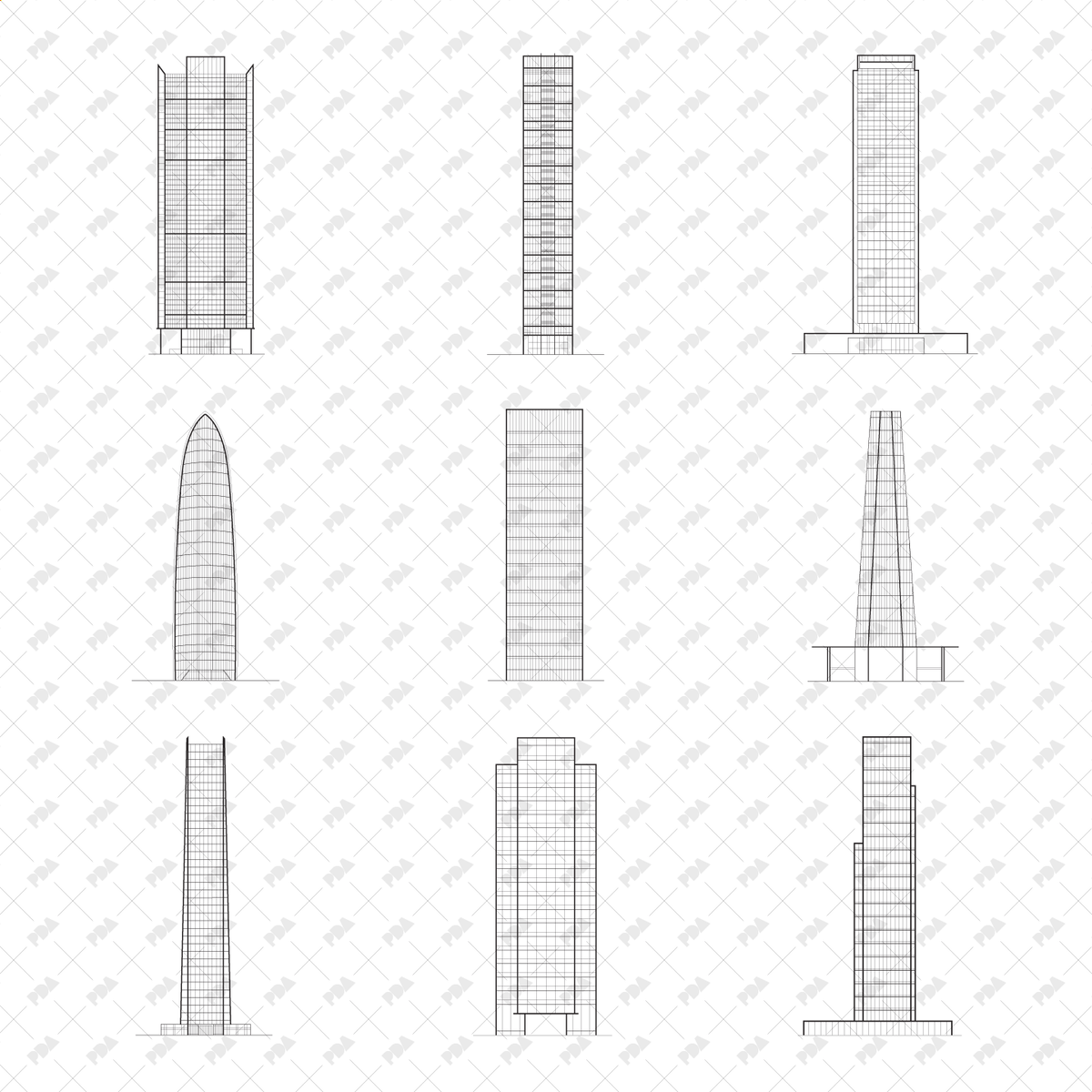 CAD & Vector Skyscrapers: Front & Side View Illustrations