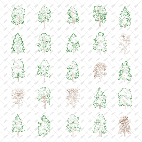 CAD, Vector, PNG Winter Trees in Color and B/W