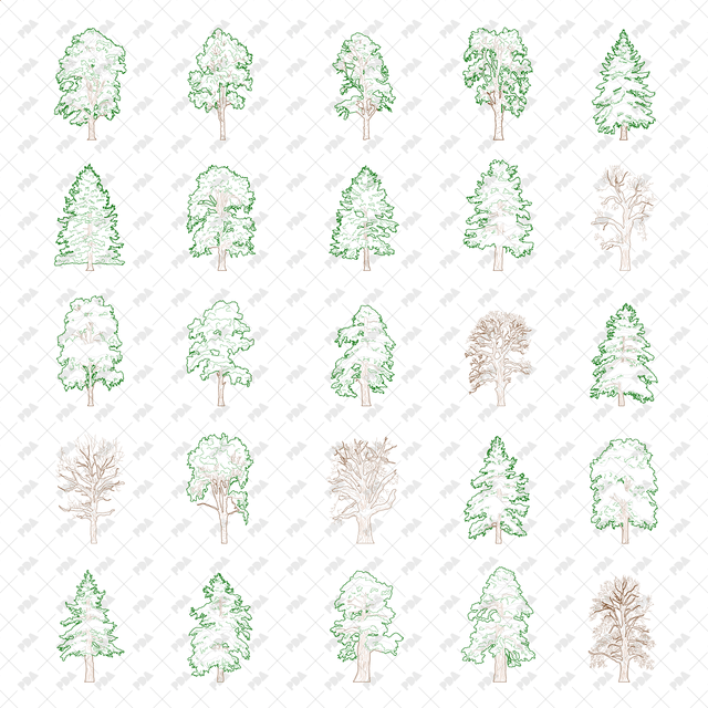 CAD, Vector, PNG Winter Trees in Color and B/W - Post Digital Architecture — Free and Affordable Resources for Architects