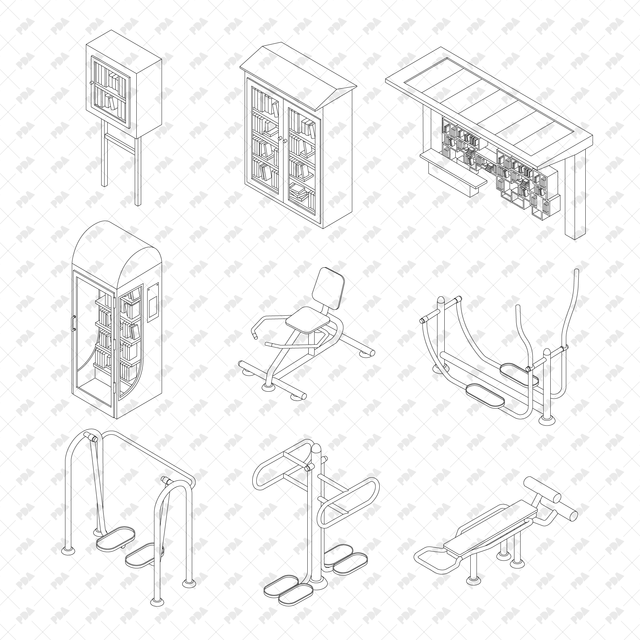CAD, Vector, PNG Isometric Street Little Libraries and Sports Equipment Set