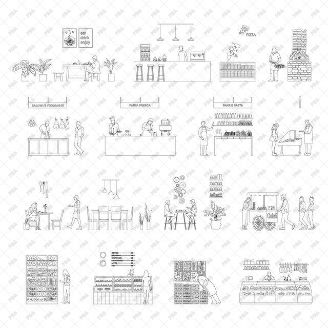 CAD, Vector Italian Deli, Pizzeria and Market in Front and Side Views Multi-Pack