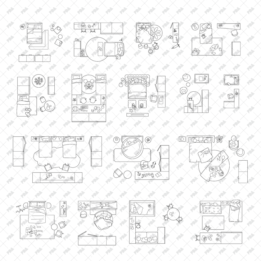 تصميمات غرف نوم الأطفال من الأعلى (CAD، Vector، PNG)