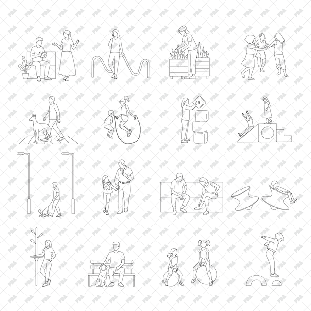 CAD, Vector, PNG People Doing Urban Activities in Front and Side Views - Post Digital Architecture — Free and Affordable Resources for Architects