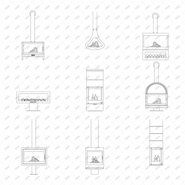 CAD, Vector, PNG Fireplaces in Front View - Post Digital Architecture — Free and Affordable Resources for Architects