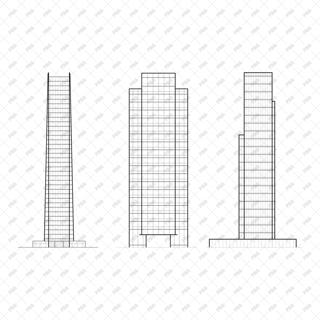 CAD & Vector Skyscrapers: Front & Side View Illustrations
