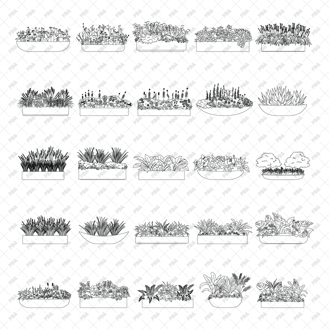 CAD, Vector, PNG Street Plants in Planters in Color and B/W