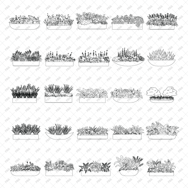 Planter Vector Line CAD, Vector, PNG Street Plants in Planters in Color and B/W